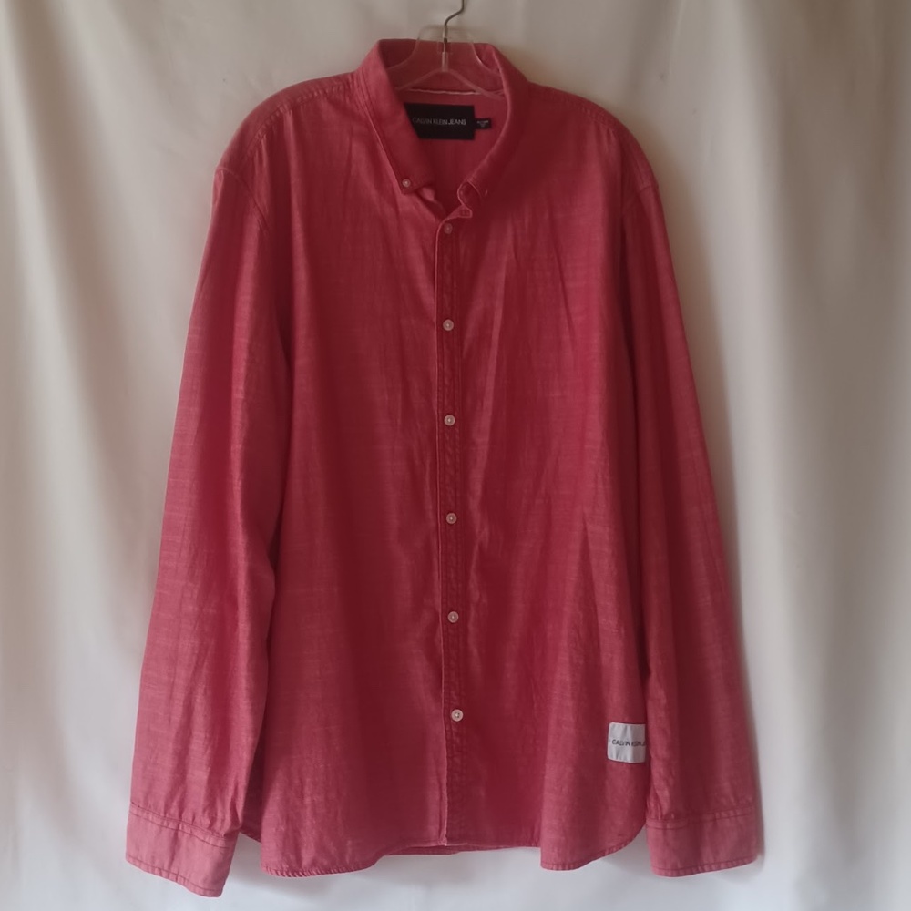 Calvin Klein Jeans Men's Button Down Shirt Chambray Red Cotton Casual Size XXL